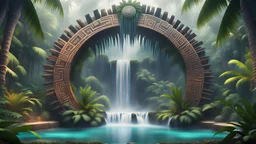 surreal galactic aztec stargate in jungle tropical palms and waterfalls 8k