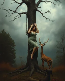 Bosch painting style, nightmare , a beautiful woman all her body tided to a tree , with iron chains, And a deer is watching her sadly, trying to help her great quality picture with cinematic scenes , heavy clouds in the background
