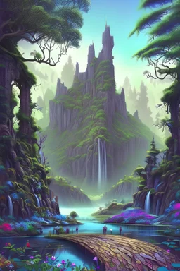 paesaggio surreale con castelli e giardini, fiori, cascate, bellissimi alberi, cielo azzurro colori vividi, con animali magici e donne bellissime, fate dei boschi