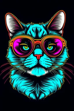 Cat wearing sunglasses, Style: Retro 80s, Mood: Groovy, Lighting: Neon Glow, T-shirt design graphic, vector, contour, white background.