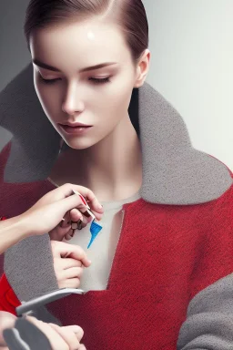Woman is wearing a grey pullover. She is repairing a red jacket with a needle