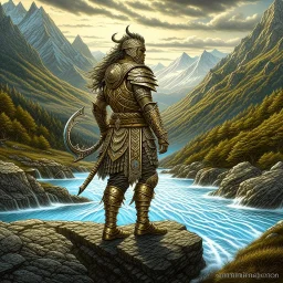 Warrior, painted, digital painting, 24k, high resolution, highly detailed, ornate, mountain views with streams of water, art by JOHN STEPHENS