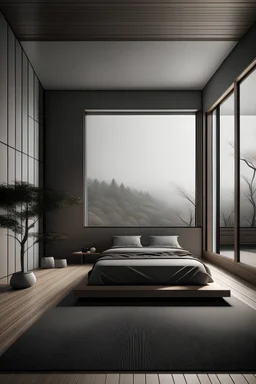 A minimalist bedroom in the style of Japanese Zen with a view.