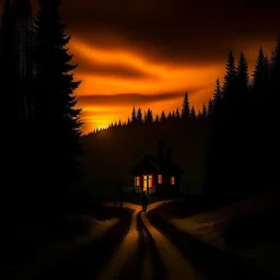 dark night, orange sunset colors in the sky, a lonely cottage with the lights on in the distance on a mountain in the woods, a lonely dark figure walking down the road