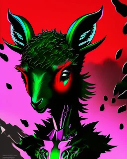 Comic book art style black lamb with red eyes, contrasting green meadow, cartoonist, digital portrait, dark fantasy, black iridescent skin, holographic, shiny, PVC texture, wet look, anime, gothic