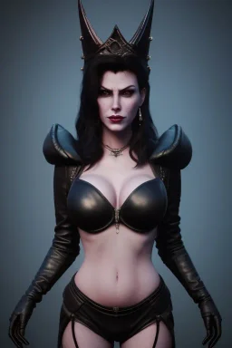 Amy Dumas as evil queen in black leather, leather, busty, cleavage, angry, rage, stern look. character design by cory loftis, fenghua zhong, ryohei hase, ismail inceoglu and ruan jia. unreal engine 5, artistic lighting, highly detailed, photorealistic, fantasy