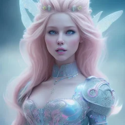 a pink castle, a cheerful fairy in front, big smile, pink, blonde hair, beautiful, whole face, whole top hair head, wide open blue eyes, transparent wings onn the back, hyperrealism, masterpiece, expert, cinematic lighting, sharp focus, 8K, pastel, macro lens, woman, detailed, flower