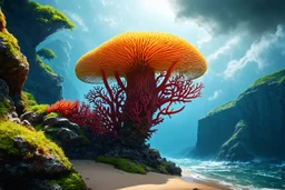 Creation: photorealistic exotic giant fungus and coral with tentacles floating down to a rocky shoreline, cliffs, and cloud trees