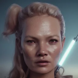 Ultra Realistic retro sci-fi movie war scene, waist up view portrait, blonde Jedi woman pointing a gun, sweet Kate moss face, perfect iris, glow eyes, makeup, weapon. Drones background, Retro sci-fi style, helmet, tight latex coat, fog, rain, soft color, highly detailed, unreal engine 5, ray tracing, RTX, lumen lighting, ultra detail, volumetric lighting, 3d, finely drawn, high definition, high resolution.