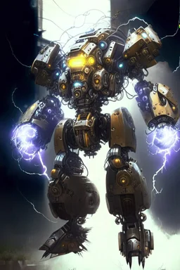 large mechanical robot exosuit make electricity lightning coming from it, steampunk exosuit