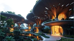 A series of interconnected, curved buildings resembling the canopies of giant trees. Each building is made of advanced, sustainable materials and features panoramic windows that blend seamlessly with the natural surroundings. Award-winning photograph, beautiful composition, exquisite detail and illumination