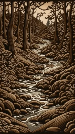 A dark brown forest creek covered in mud painted by MC Escher