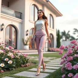 a fahion model beautiful lady with modern clothing modern high heels and makeup is walking in yard of a luxury villa next to flowers. High-quality CGI, octane render, 8k resolution, whimsical, adorable, clean composition. long shot ,4:3