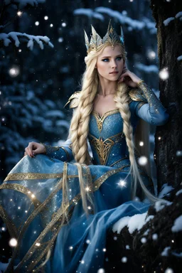 Elven princess,elven crown,long blonde golden hair,rapunzel hair,ice flowers,beautiful,light blue,dark blue,golden armor,sparkle,glitter,ice flowers,snow,elven ears,dark fairy princess