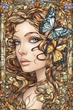 stained glass window design of an overwhelmingly beautiful butterfly framed with vector flowers, long shiny, wavy flowing hair, polished, ultra-detailed vector floral