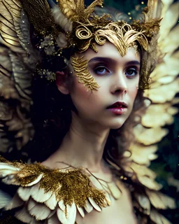 Beautiful young faced decadent angel rococo voidcore dhamanismstyle moss covered dusty rusty floral metallic wooden quilling filigree caved angel wings textured angel feathers filigree headdress woman portrait wearing moss covered ivory caved metallic golden filigree filigree decadent angel wearing owers dust and rust covered bqroque dress organic bio spinql ribbed detail of bokeh extremely detailed surrealistic maximqist concept close up portrait art
