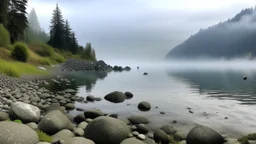 A wide shot of a lake with a rocky shoreline under a foggy sky. The lake is calm and reflects the sky, with some tall grass growing near the edge. A large pile of rocks forms a barrier or dam along the right side of the frame, sloping upwards. Several people are sitting or standing on the rocks near the water's edge. In the distance, mountains are visible through the fog. Streetlights line the top of the rocky barrier, disappearing into the fog. The color palette is muted, with shades of gray, b