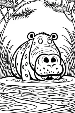 DRAW TO COLORING OF A HIPPO ON A LAKE, BLACK AND WHITE CARTOON STYLE, LOW DETAILS, THICK LINES, NO SHADING LINES