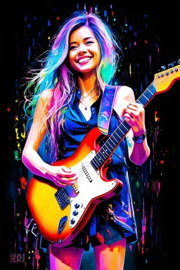 A ultra realistic poster of a beautiful girl playing rock guitar , having word sign as “street art ”, by Daniel Castan Carne Griffiths Andreas Lie Russ Mills Leonid Afremov, black background, fine lines draw, smile, standing in the temple