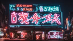 a billboard branded writing english Odk Tokusentai in neon light, in the city center, at night.