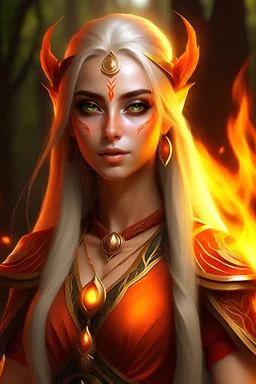 female eladrin fire druid . long light hair made from fire. Tanned skin. Eyes are Light red