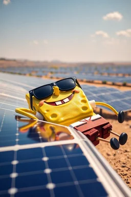 Spongebob lying on a solar panel, sunbathing, sunglasses on, in the distance, wide view, solar farm in the background