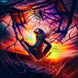 A young woman tries to climb out of a cocoon of spider webs that surround her in an apocalyptic gamut, sunset dramatic shot, wide lens, dramatic colors, outdoor shot, impressive artwork, 12K