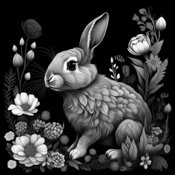 a beautiful rabbit between seeds and big flowers black background .black and white colors. for a coloring. with grayscale