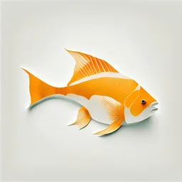 orange fish, made of paper, flat, wide, simple, paper texture, white background, long and thin tail, round
