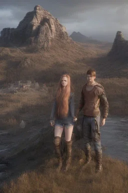 Jeune couple premier plan, visages hyper détaillés, ultra réaliste, 4k. Fille rousse aux cheveux raides, garçon musclé cheveux dreadlocks longs. Paysage de film ultra réaliste, montagne. D&D, mystique, ultra réaliste