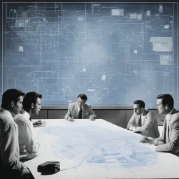 [Jason and the Argonauts (1963), in the context of Data Curation and Artificial Intelligence] women and men from the industry thinking together in front of a complex blueprint with flowcharts, they are considering use cases. They are surrounded by cables and data storages