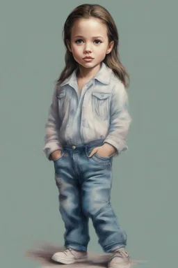 Illustration of actress Angelina jolie as a toddler, in the metro, jeans, style of Marcel Marlier, pastel colors