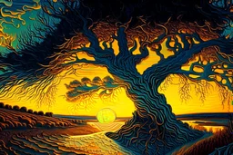 Great landscape, nature at sunset, Paradise Lost, spiritual, surreal, trees, fine art, tan skin, Vincent Van Gogh style, highly detailed, smooth, very sharp focus, illustration, bathing in light, ultra realistic illustration, close-up