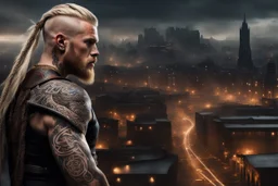 photorealistic portait of henry cavell as viking with blonde undercut tribal tattoos modern fantasy dark cityscape