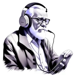 Illustration sketch of granfather in music with headphone