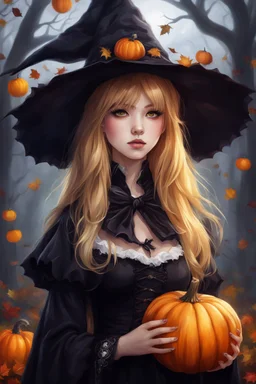 a girl in a witch costume holding a pumpkin, realistic cute girl painting, golden hair, cute anime girl portrait, gothic maiden anime girl, lovely dark autumn princess, school girl in gothic dress, beautiful necromancer girl, carlos ortega elizalde, kawaii realistic portrait, beautiful witch spooky female, portrait anime girl, anime girl wearing a black dress, beautiful female witch