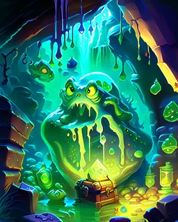 a slimy dripping gelatinous cube in vast dungeon cave room with treasure chests rpg art painterly