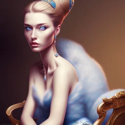 painting of an elegant lady sitting on a chair, perfect face, blue eyes, sharp focus, highly detailed