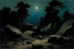 Night, rocks, trees, begginer's landscape, fantasy movies influence, friedrich eckenfelder, and willem maris impressionism paintings