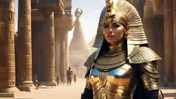 1 Egyptian female ,full body, queen, Egyptian Parrley_armor, big bulky futuristic armor, armor, egyptian royal head decoration, makeups, glowing eyes walking in the Egypt city cairo photorealistic, studio lighting, hard light, colors, hyperdetailed, hyperrealistic, 4K, Masterpiece, highres, absurdres scifi, iridescent gold wires