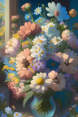 Create a extremely detailed spring flower bouquet painting in the art style of film studio ghibli.