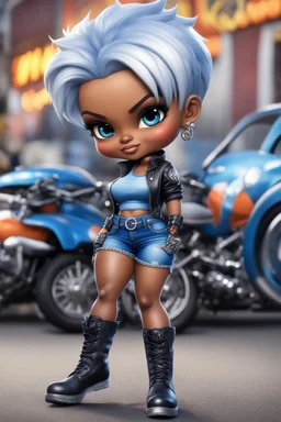 create an airbrush illustration of a chibi cartoon voluptuous black female wearing a blue jean outfit with biker boots. Prominent make up with hazel eyes. Extremely highly detail of a very low platinum blonde pixie haircut. Background of a bike show.