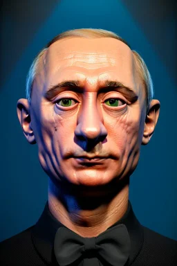 Waist up muppet Portrait, Vladimir Putin as muppet doll, Black suit, photo studio, blue background, unreal engine 5, concept art, art station, god lights, ray tracing, RTX, lumen lighting, ultra detail, volumetric lighting, 3d.