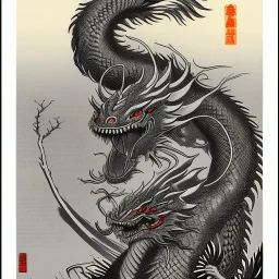 Ukiyo-e styled art, black and white dragon