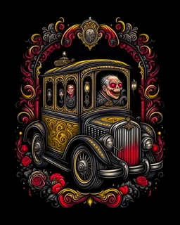 Ornate Hearse tattoo design, traditional tattoo style, t-shirt design, fantasy art, digital painting, clean dark background, 8K