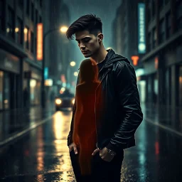 Ultra-premium album cover designed by a world-class graphic designer in 2026,8K emotional male singer standing alone in a rain-soaked city street at night, dark cinematic atmosphere, heartbreak and betrayal reflected in his expression, handsome young man wearing modern black streetwear and a leather jacket, head slightly lowered, eyes filled with pain, loss and quiet strength. A translucent ghostly female silhouette made of mist and fading light emerges from his chest and dissolves into the nigh