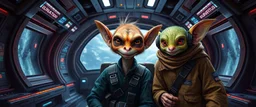 portrait of researcher slender alien rich kobold fluffy captain pilot focus gremlin cyber punk with two crew members, in sci fi air ship waiting hall, in future dynasty