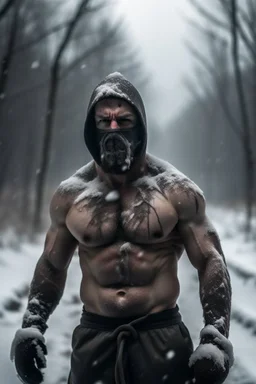 a man, muscular tough, shirtless, scarred, bruised, heroic, standing in a middle of a snowy wilderness, harsh cold climate, stormy, daylight, wearning an iron face mask cover, walking through storm, tough and strong vibes