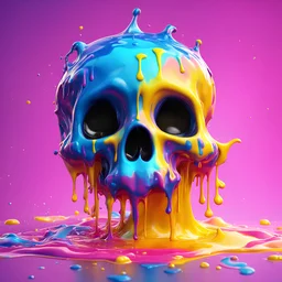 ((gooey melting skull)), 3d animation style, whimsical fluid form, ((dripping)), yellow, blue, pink goop drizzle, adorable and cute, photorealistic cg, 3D concept art, colour gradient background, playful, soft smooth lighting, highly detailed, stylised and expressive, sharp, wildly imaginative, skottie young, bold, neon graffiti, (pop surrealism), multi coloured coloured sprinkles, pop candy toppings , smooth texture, cgsociety, Maya render, ray tracing, studio light, magical