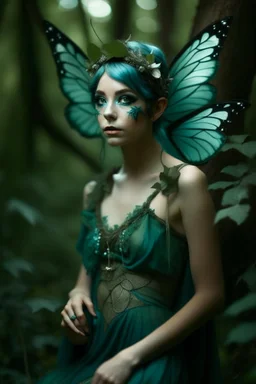 Forest fairy with iridesand teal wings and a cute short leaf dress and pointed ears and multiple vine earings and ear cuffs flying through a mythical forest